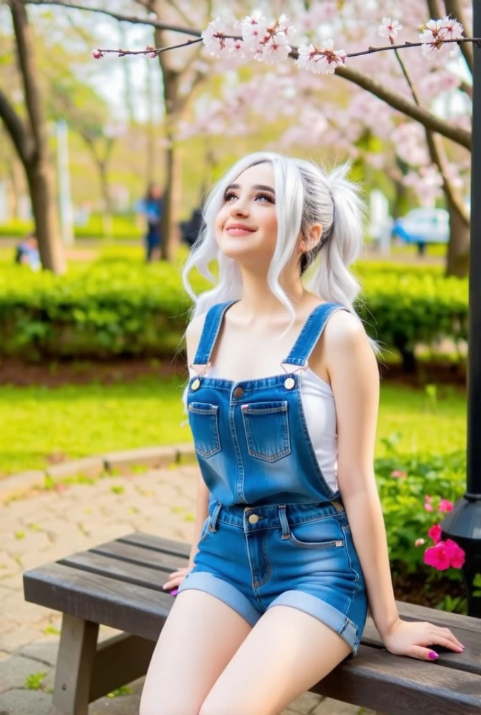 a young woman, jeans romper, 8K, Park, wolf hair, Doble layer hair dye, first layer are white, second layer are white, Looking up to see the cherry blossoms, cuff, up right pose, static pose, center composition, Sit on the estetic bench,estetic Garden lamp, Flowers, pets, others people,smile