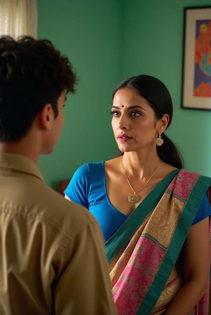 The image is a high-resolution photograph featuring an Indian bollywood actress VidyaBalanFlux
, indoor scene with two people. The subject is a middle-aged woman, likely of Indian descent, with a medium skin tone, and a well-defined facial structure. She is dressed in traditional Indian attire, wearing a bright blue blouse with a plunging neckline that reveals a significant amount of cleavage, showcasing a medium-to-large bust. Her attire, a patterned saree with vibrant colors such as red, green, and black, is draped elegantly over her shoulders and partially covering her left breast.

Her hair is neatly pulled back into a low ponytail. She accessorizes with simple gold jewelry, including a gold necklace and matching earrings. Her expression is serious and somewhat focused, looking towards a young man to her left.

The man, likely of East Asian descent, has short black hair and a medium build. He is dressed in a casual dark maroon shirt. The background reveals a domestic interior with green walls, a piece of furniture with a colorful abstract painting hanging on it, and a hint of other household objects, suggesting a warm and lived-in space. The lighting is soft, enhancing the emotional intensity of the moment captured.