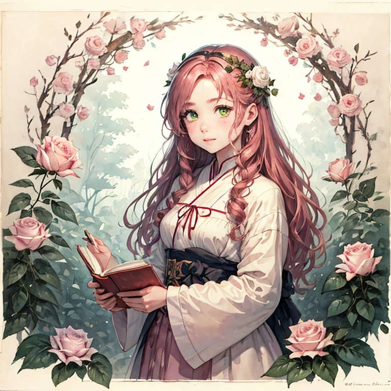 Best Quality,    1 girl,    very delicate and beautiful , young,   Brownish Pink hair  ,  Straight  　green eyes ,        Pinch Your Nose       , ( very young), ((Very beautiful)),  intellectual,         happy        ,  White Rose　books　warm　     portrait of a cute anime girl   ,        cute girl anime visual    ,  鮮明で鋭いRPGのwatercolor ,  watercolor ,     garden background      ,I have a book　      fantasy　          Light Background   　 長いhair ,    Eyes and eyebrows are close together　White Rose Garden 前hairなし 額を出す　green eyes　hair&#39;Not tied down, hairの毛が多すぎる, Super 長いhair,    red dress manipulating straight hair　European Castles　前hair無しのスーパーロングヘア