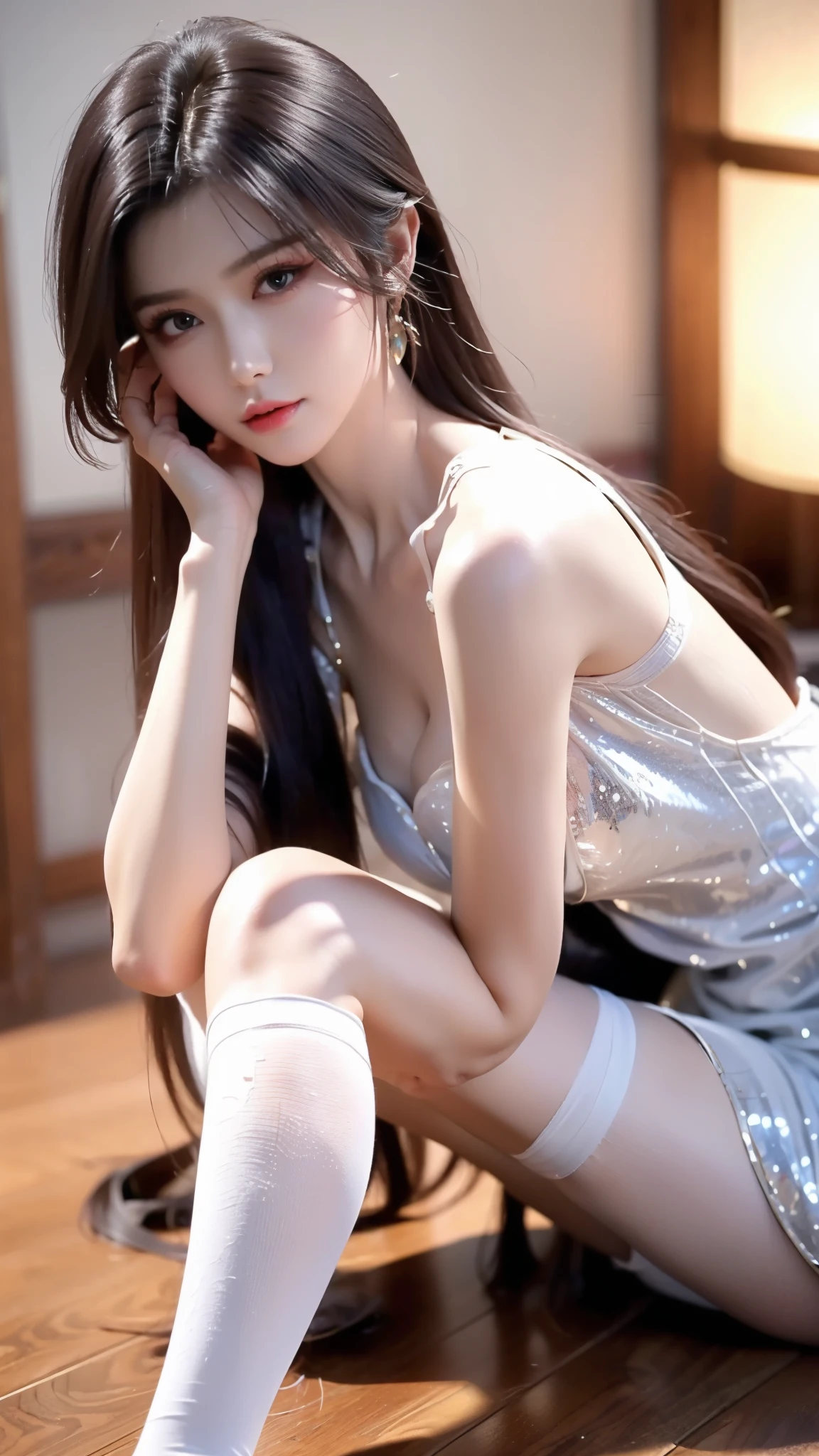 Close-up of a woman in a dress lying on a wooden floor, Japanese Goddess, Beautiful Chinese model, beautiful goddess, beautiful Asian girl, Sexy Girl, Fair, smooth and translucent skin, Chinese Girl, Asian girl, Attractive anime girl, Sexy pose, Beautiful fantasy queen, Beautiful and detailed body and face, Smooth white tights set, Light milky white porcelain skin