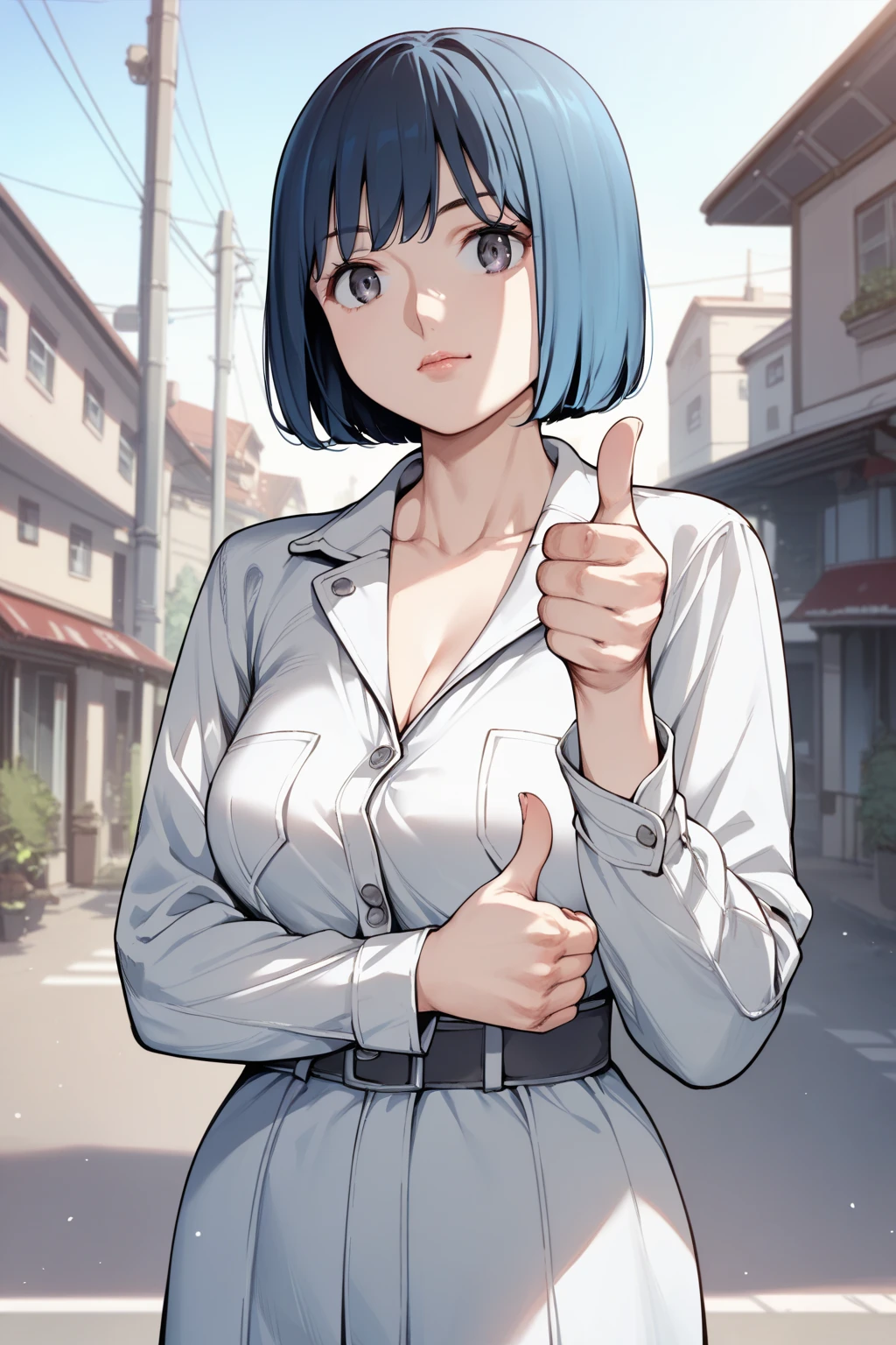 score_9, score_8_up, score_7_up, 1girl, looking at viewer, thumbs up, :>, blue hair, heavy fringe, grey eyes, breasts, silver suit jacket, bright, town, fisheye 