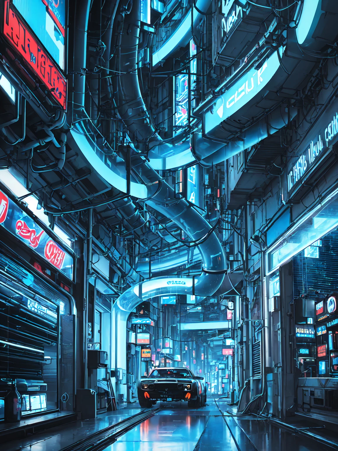 1 thick road 、( blue cyberpunk background : 1.5)、( transparent thick curved tube : 1.5), (A car runs through a tube  : 1.5), extremely detailed, best quality, masterpiece, official art, beautiful and artistic