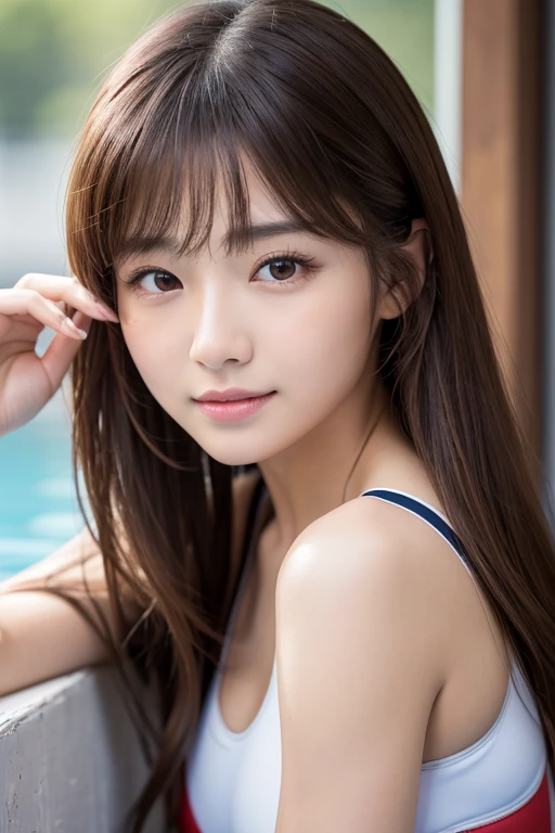 table top, highest quality, shape, Super detailed, finely, High resolution, 16k, perfect dynamic composition, straight hair, medium hair, brown hair,natural color lip, smile, 20歳のgirl、cute、beautiful、完璧でbeautiful顔, beautiful and detailed face, slim face and body, Elegant face, KPOP idol face、Japanese idol faces、small face、Big eyes, brown eyes, droopy eyes, 緻密でbeautiful目, girl, micro bikini、swimming, Ocean, sandy beach 、swim、big breasts, cleavage, erect nipples, bold sexy pose, expression of ecstasy,A state of peak sexual arousal during sex,excited face from ,  sexy face,
