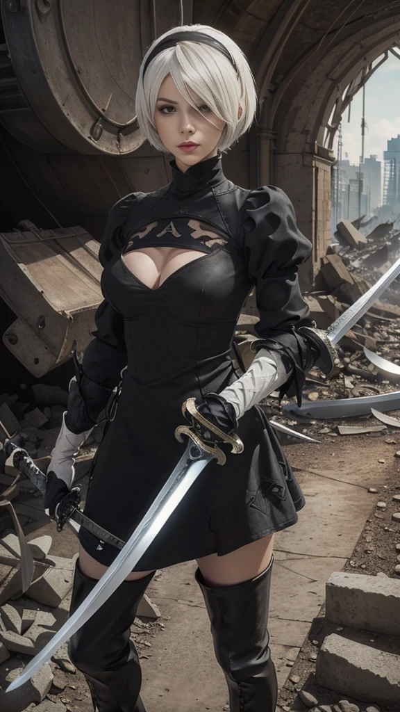 anime character dressed in black with a gun and a sword, 2b nier automata, 2b, 2 b, nier:automata inspired, nier : automata inspired, 2b from nier automata, 2 b from nier automata, nier 2 b, nier inspired, nier, nier automata, nier autoamata, highly detailed exquisite fanart
