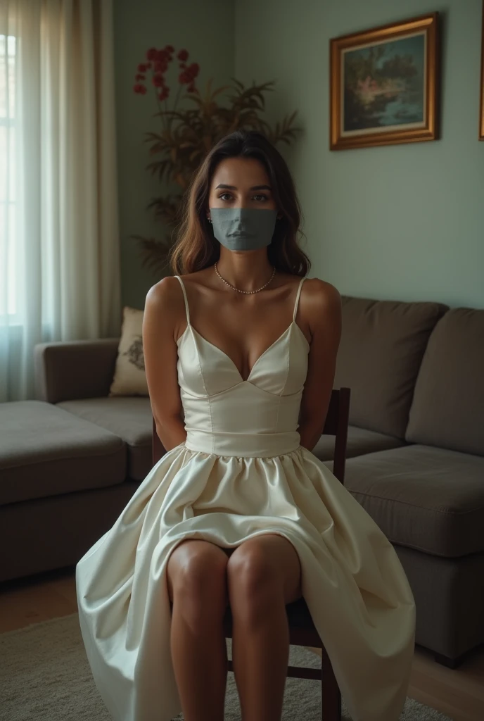 (bright lighting,romantic setting),bride captured, dreamy background,bondage,dark hair, mesmerizing gaze, , soft skin, alluring beauty, artistic portrait, high-quality image, vibrant colors, long silk gown, in the bed,tape bondage,tape gag, mosquito net, bridal