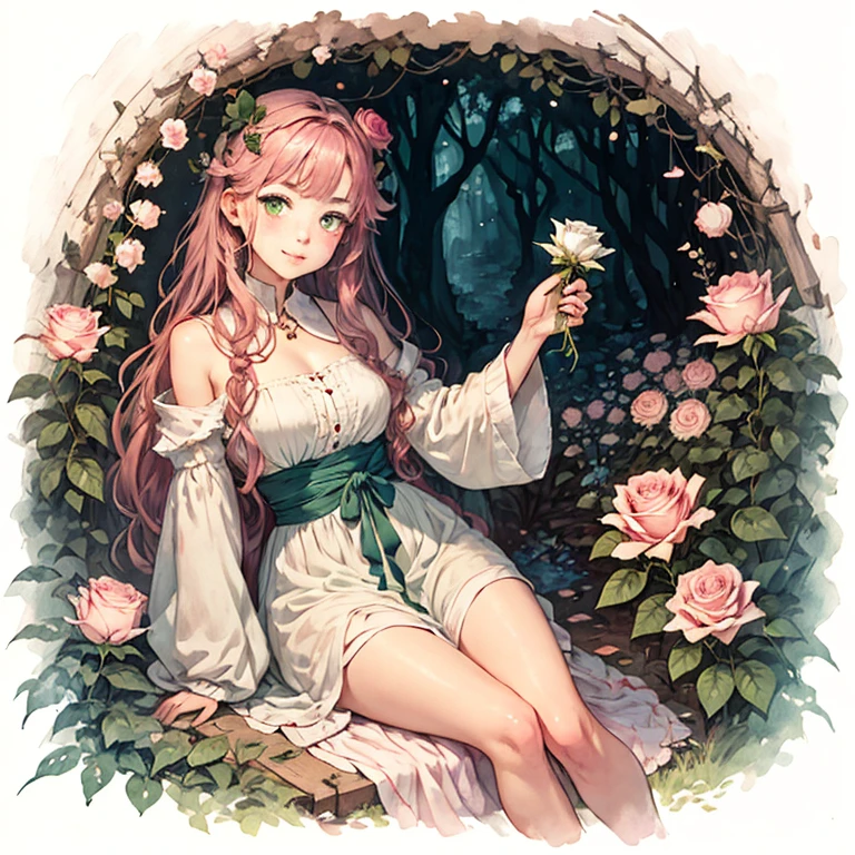 Best Quality,     1 girl,     very delicate and beautiful , young,   Brownish Pink hair  ,  Straight  　green eyes ,         Pinch Your Nose        , ( very young), ((Very beautiful)),  intellectual,          happy         ,  White Rose　books　warm　       portrait of a cute anime girl   ,         cute girl anime visual     ,  鮮明で鋭いRPGのwatercolor ,  watercolor ,     garden background       ,I have a book　       fantasy　            Light Background     　 長いhair ,      eyes and eyebrows are close together  　White Rose Garden 前hairなし 額を出す　green eyes　hair&#39;Not tied down, hairの毛が多すぎる, Super 長いhair,    red dress manipulating straight hair　European Castles　前hair無しのスーパーロングヘア　One Length　Victorian dress 