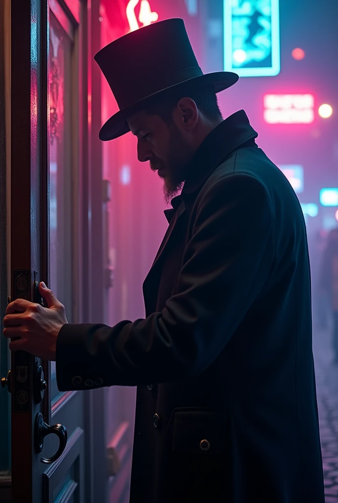  an enigmatic man entering a hidden shop in Neon Street,(Top Hat, black coat),  he is opening the door of his shop ,close-up to his hand , from side,Misty,masterpiece,  anatomically correct,  high definition model,  high detail , motion blur, fluorescence, Reflected Light,  pop art, 