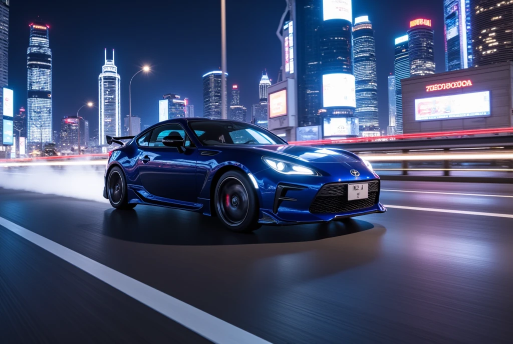 Sports car driving on the highway with the neon city in the background at night"GR86"