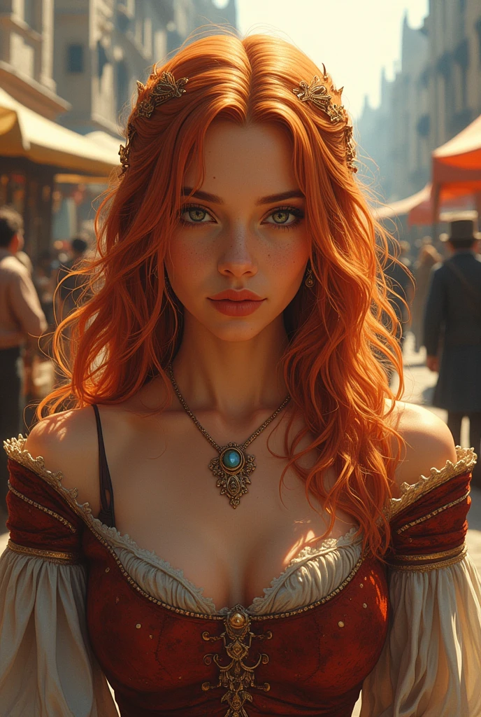 ne0nfant4sy, cowboy shot, masterpiece,  a painting of a stunningly beautiful woman, Strawberry blonde medieval girl noble royalty Tudor strawberry blonde medieval girl noble royalty Tudor, cleavage, outdoor, sunny day, detailed bustling medieval fair in background, market day,   looking at the viewer, seductive smile, inviting smile, 