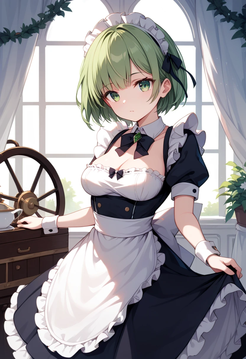 whole body　Diapers　Rem_\(:zero\)　green_eyes,hair_End_One_eye,short_hair,green_hair,hair_ribbon, carriage _Mansion_Maid_uniform,