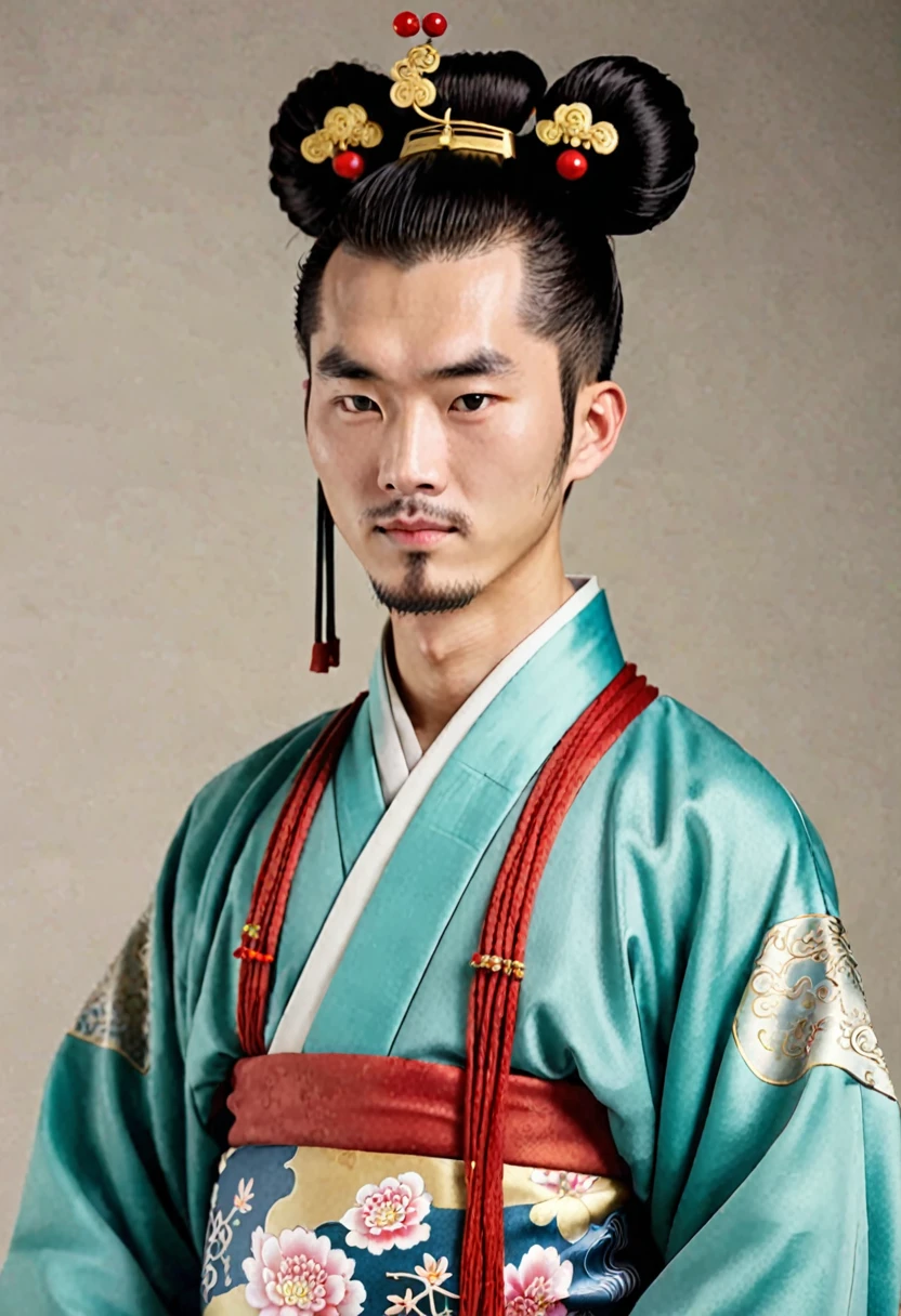  Ancient Chinese Costume 、A man with a hairstyle with a bun over his head、