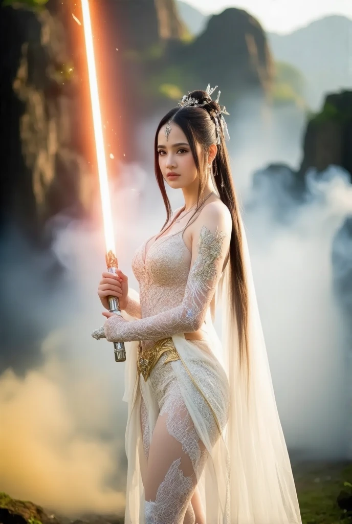 In a surreal, otherworldly landscape,(looking at viewer, front facing viewer), digital art ilustration, depth of field, cinematic light, chiarosaurio, mist, particles, sparks,reflections, a female goddess princess (((Chinese Emperor princess, Dilraba Dilmurat, extremely beautiful face, beautiful eyes))), long straight ponytail hair, holding light saber blade, holy light, cinematic, Epic scene in which there is a battle in the sky, ((fully sexy, big breasts, full body ancient phoenix tattoo, extremely transparent, see through, white lace stocking, boots, Golden Hijab face veil, Silver angel)), a lot of smoke effect in below, 28mm lense, Establishing shot, muted color grading, cinemascope cinematography effect, thriller movie scene, action mood,