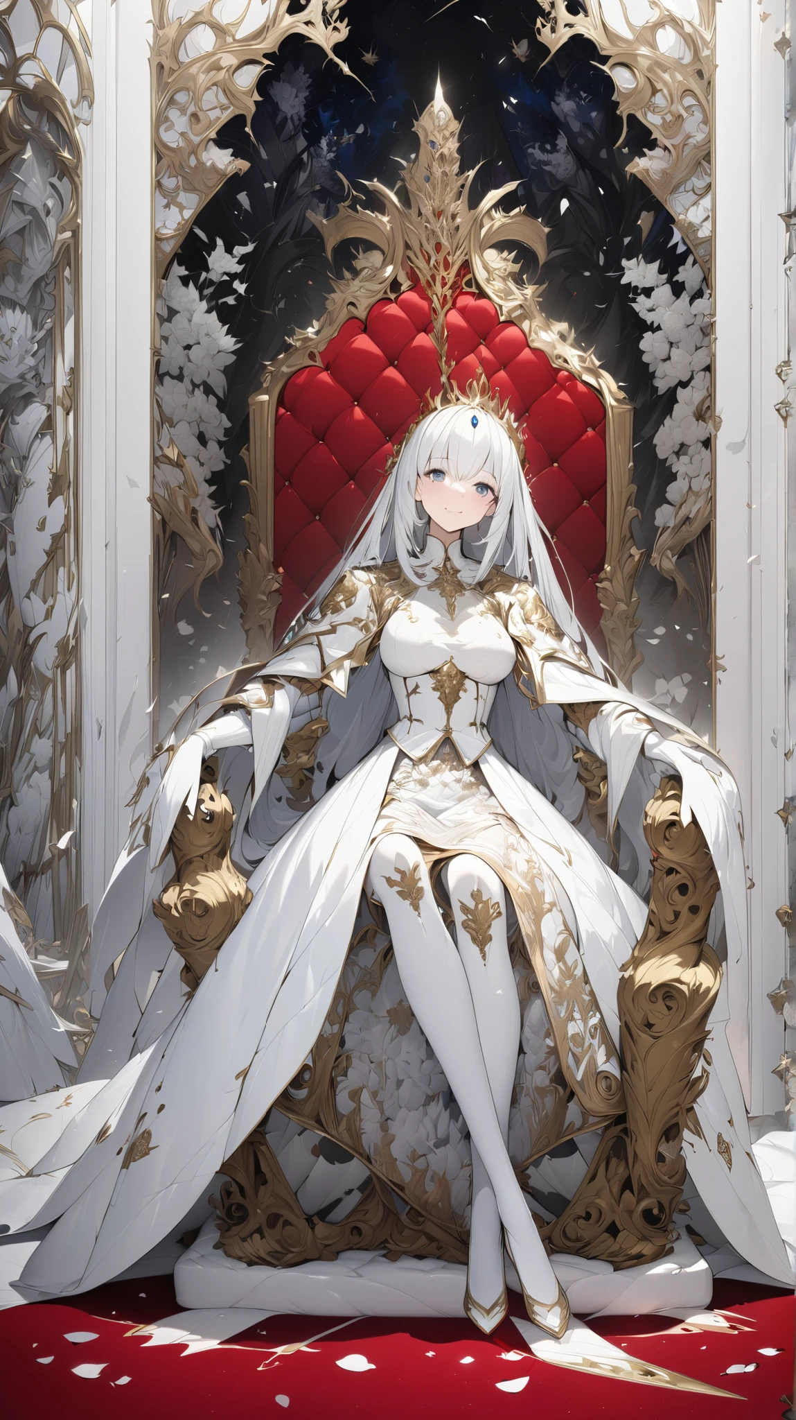 quality\(8k,Highly detailed CG unit wallpaper, masterpiece, Hi-Res,top-quality,top-quality real texture skin, Surreal, Increase Resolution , RAW photo,highest quality, several people having fun with each other while having very detailed , wallpaper\),break, Alice in Wonderland , one girl , Alice Seated on the Gorgeous Throne, Throne of Power, Spade family crest, break、Royal Guards in pure white armor, Mirage Knight, The Emperor's Guards are well-disciplined,Pure White Royal Palace, Red Carpet, Gold embroidery, pure white, fearless smile