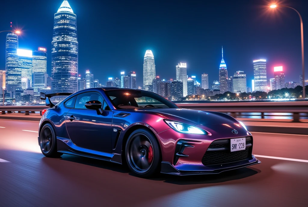 Sports car driving on the highway with the neon city in the background at night"GR86"