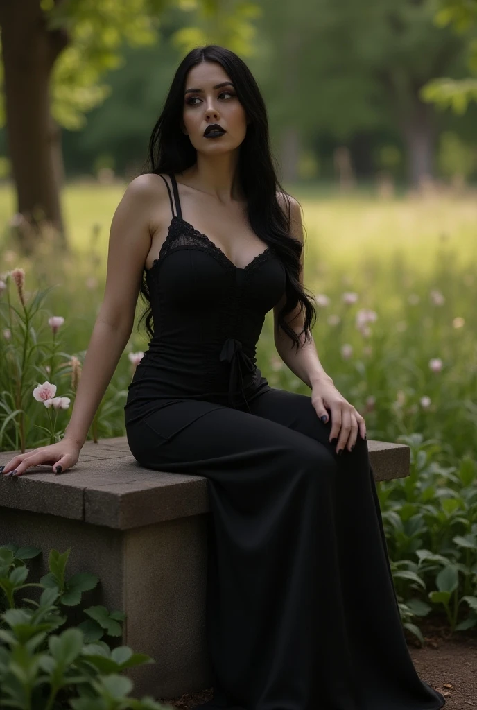 beautiful girl that looks like Bettie page, smile, updo, ponytail hair, black long maxi-skirt(black long maxi-skirt:1.2), black satin gloves,high boots, ((and a long woolen vest )), flirting with the camera, hand bag on her shoulders, sitting on teh grass of central park,