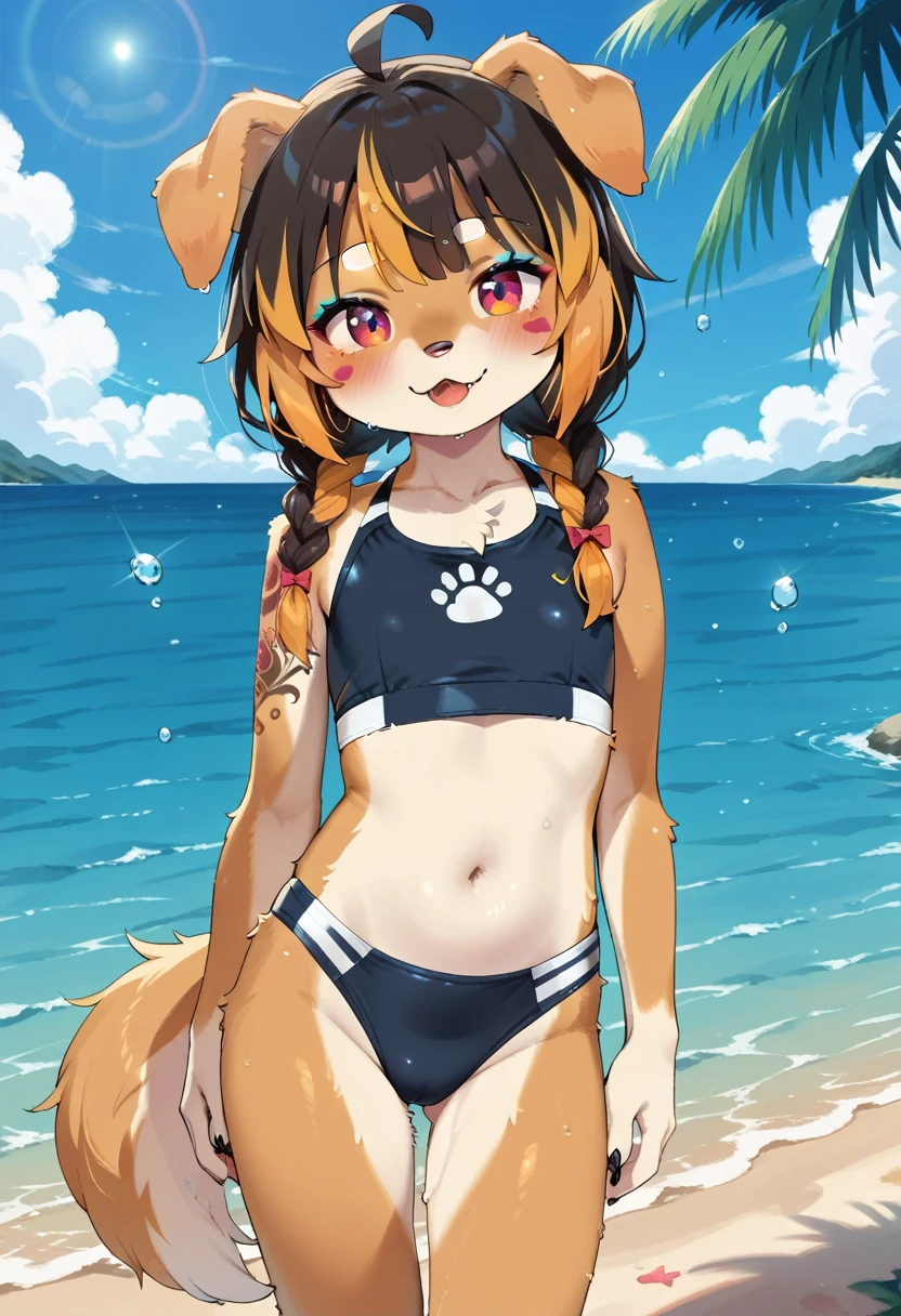 masterpiece, high resolution, best quality, baby body, baby height, flat chest, baby face, furry doggirl on the beach splashing in the water, black and gold swimsuit, dog ears, dog tail, multicolored hair, twin braids, piercing, makeup, tattoo