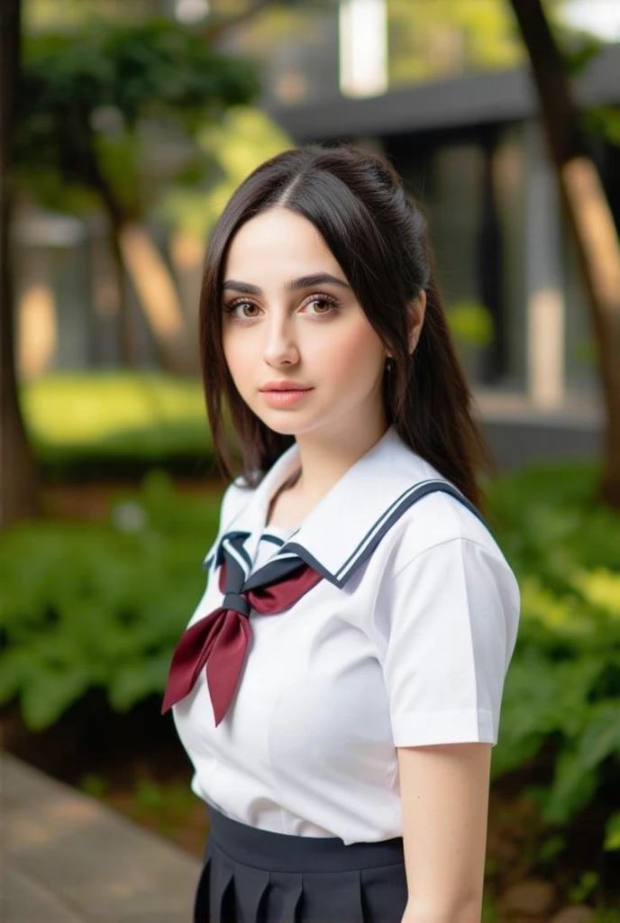 A young woman in a school uniform, beautiful detailed eyes, beautiful detailed lips, extremely detailed face, long eyelashes, detailed school uniform, cute expression, standing in a garden setting, blurred background, natural lighting, highly detailed, 8k, ultra-detailed, (realistic, photorealistic:1.37), (best quality:1.2), masterpiece, vibrant colors, cinematic lighting