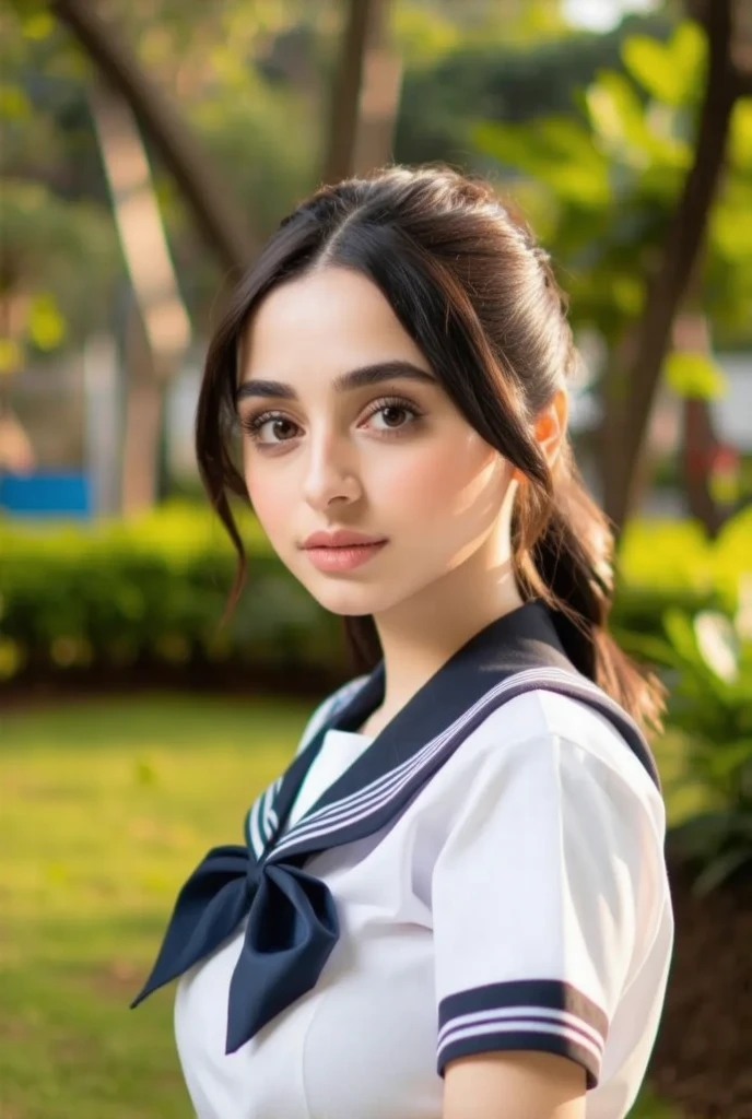 A young woman in a school uniform, beautiful detailed eyes, beautiful detailed lips, extremely detailed face, long eyelashes, detailed school uniform, cute expression, standing in a garden setting, blurred background, natural lighting, highly detailed, 8k, ultra-detailed, (realistic, photorealistic:1.37), (best quality:1.2), masterpiece, vibrant colors, cinematic lighting