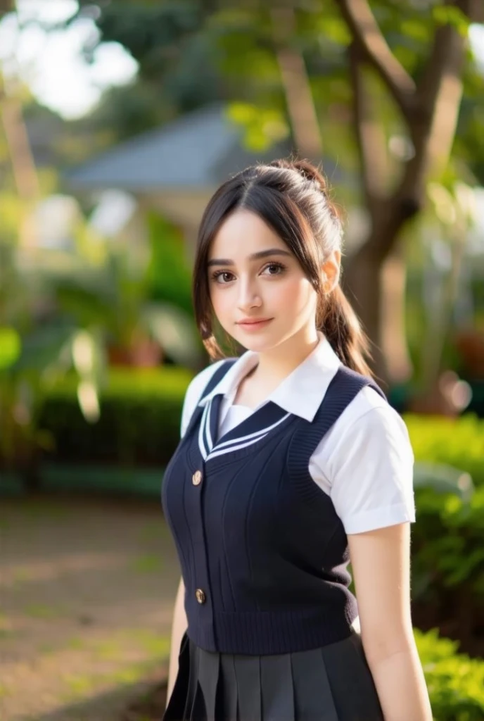 A young woman in a school uniform, beautiful detailed eyes, beautiful detailed lips, extremely detailed face, long eyelashes, detailed school uniform, cute expression, standing in a garden setting, blurred background, natural lighting, highly detailed, 8k, ultra-detailed, (realistic, photorealistic:1.37), (best quality:1.2), masterpiece, vibrant colors, cinematic lighting