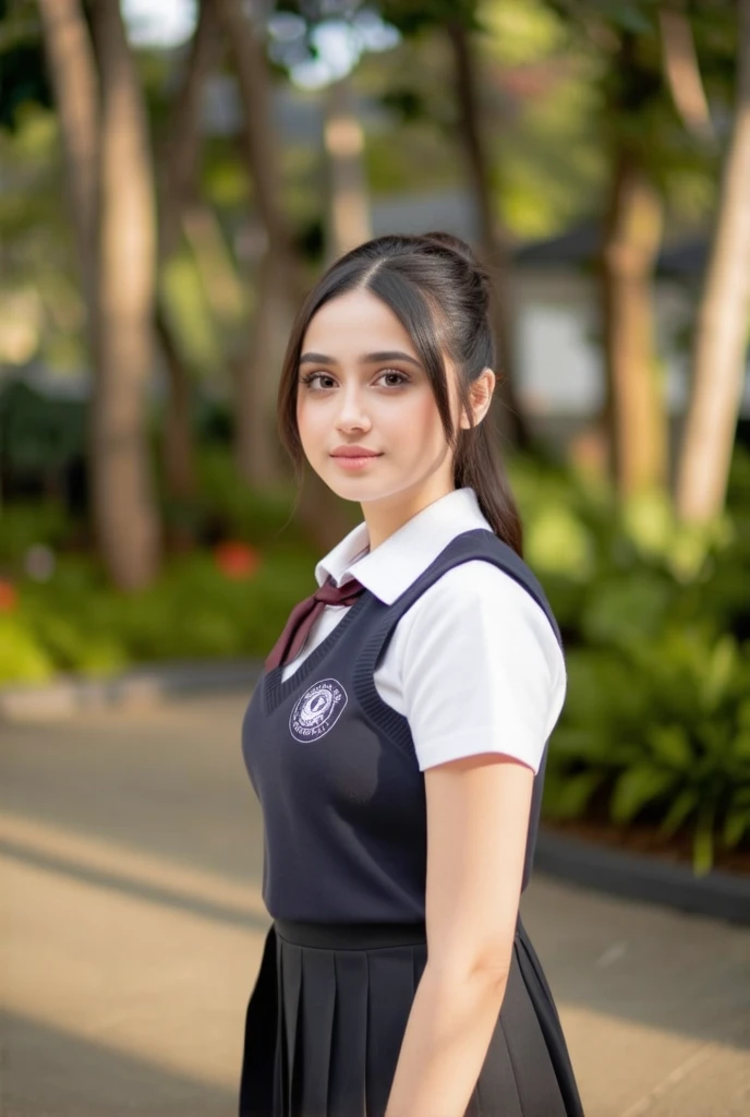 A young woman in a school uniform, beautiful detailed eyes, beautiful detailed lips, extremely detailed face, long eyelashes, detailed school uniform, cute expression, standing in a garden setting, blurred background, natural lighting, highly detailed, 8k, ultra-detailed, (realistic, photorealistic:1.37), (best quality:1.2), masterpiece, vibrant colors, cinematic lighting