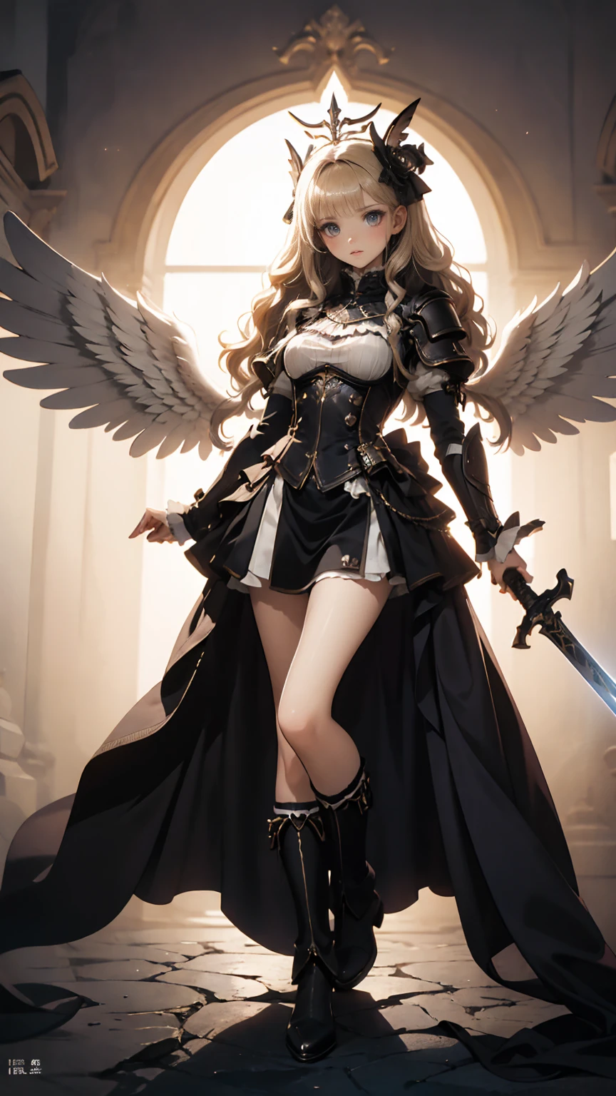 Hold your weapon strong、Arafed, dnd Art,  Female Aashimah , (masterpiece  intense detail ), Paladin, Holy Warrior , whole body,  big angel wings,  White Angel Wings Spread  (masterpiece  intense detail ),  Fantasy Temple Background  , 16k, Super detailed, masterpiece, Best Quality, ( Extremely detailed),  Panoramic View, moon light, moon, star, cloud,  wears white armor  (masterpiece,  intense detail : 1.3),  Wearing High Heeled Boots, Shining Sacred Symbol ,  Equipped with a Shining Sword , Blonde, Ultra-feminine, The most detailed face, (masterpiece Best Quality: 1.3),  anatomically accurate  (masterpiece ,  intense detail : 1.5), The face of determination, god rays,  Movie Lighting, Shining Light,  silhouette, From the outside,  photorealism,  Panoramic View (masterpiece 1.3,  intense detail ) , Wide angle, 16k,  Hi-Res, Best Quality,  high detail ,  Dark Fantasy 
