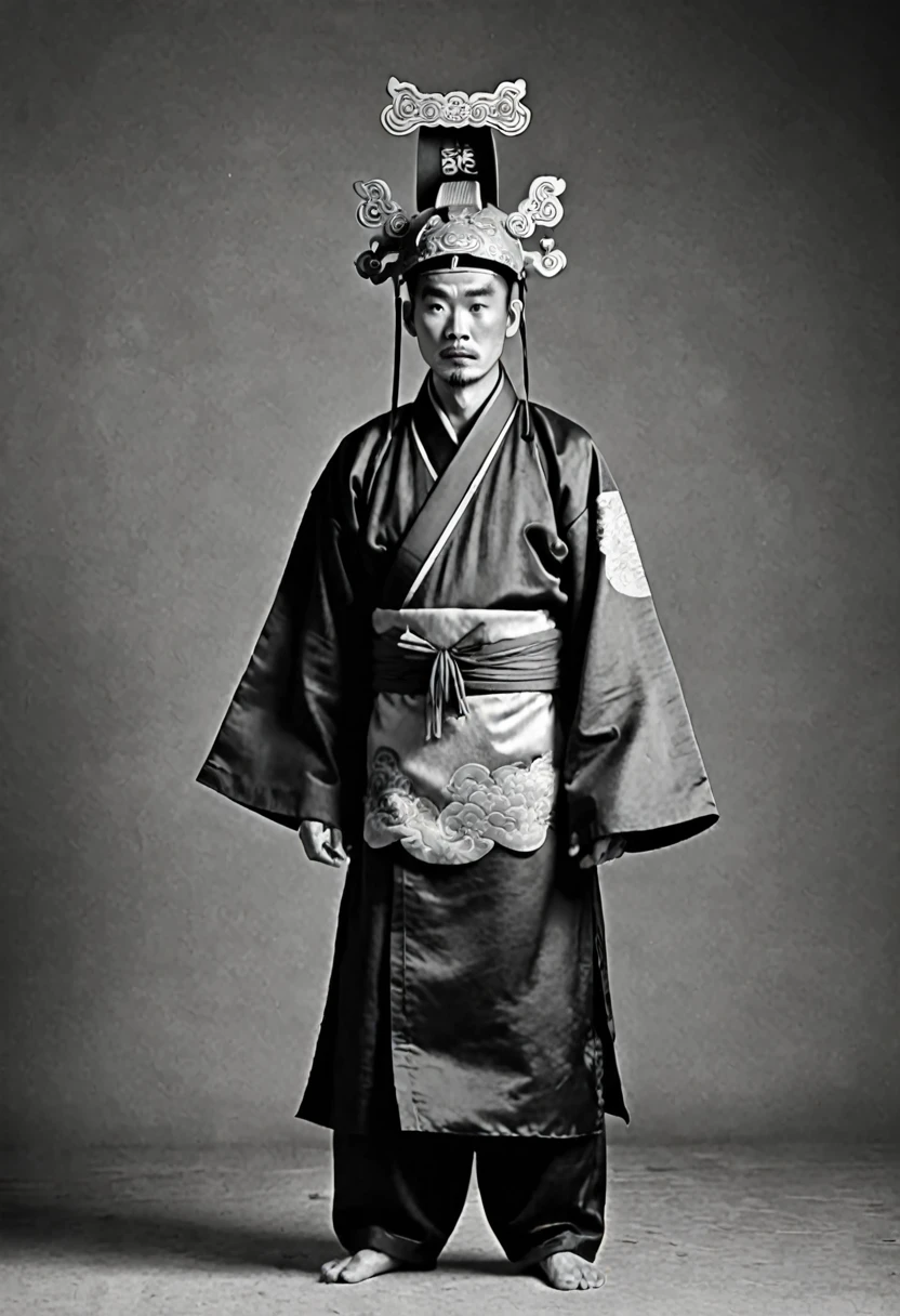 Monochrome、Man in an ancient Chinese costume 、 has a dumplet-shaped bow above his head