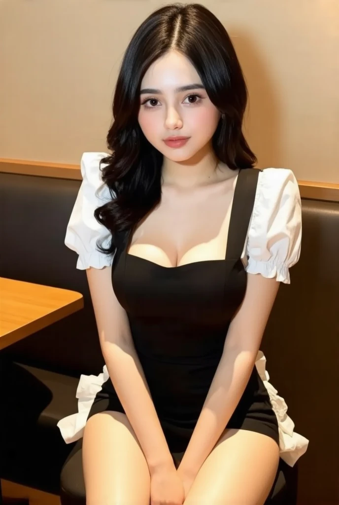 high quality, best quality, high resolution, 4k, high definition, beautiful lighting, highly detailed face, female, female focus, solo focus,ctgtl2,black hair,black eyes,long hair,closed mouth, 1girl, solo, breasts, looking at viewer, blush, open mouth, middle part, large breasts, simple background, cafe background, dress, cleavage, sitting, full body, short sleeves, thighs, sweat, shoes, puffy sleeves, shiny, hand up, black footwear, apron, black dress, high heels, puffy short sleeves, legs, shiny skin, maid, maid headdress, black panties, bare legs, chair, short dress, from above, frilled dress, crossed legs,