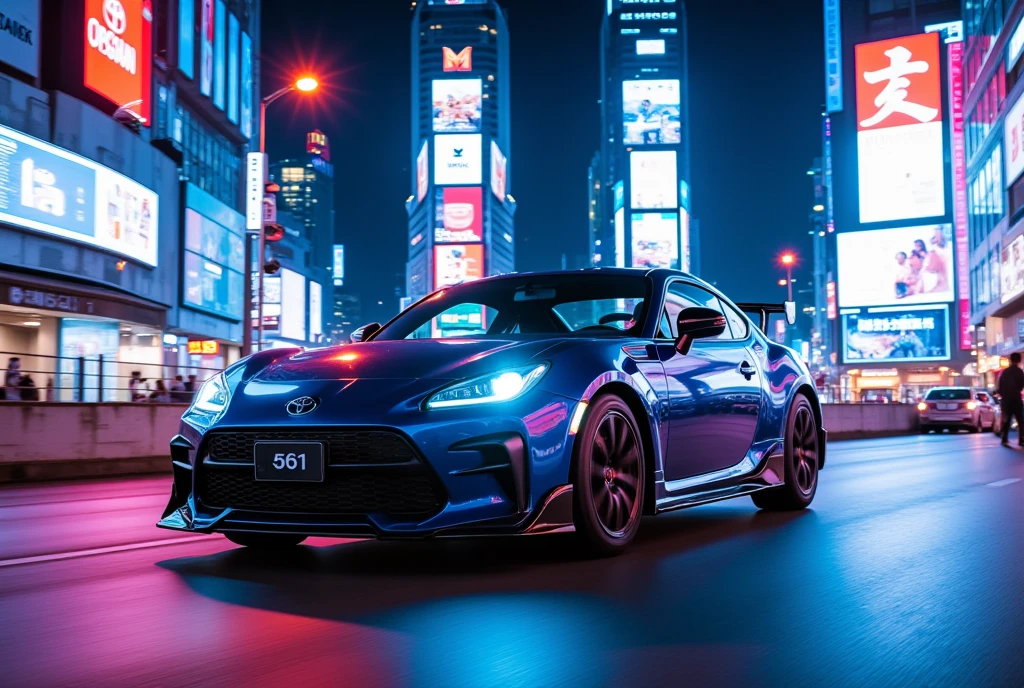 Sports car against a neon city background at night"GR86" ,