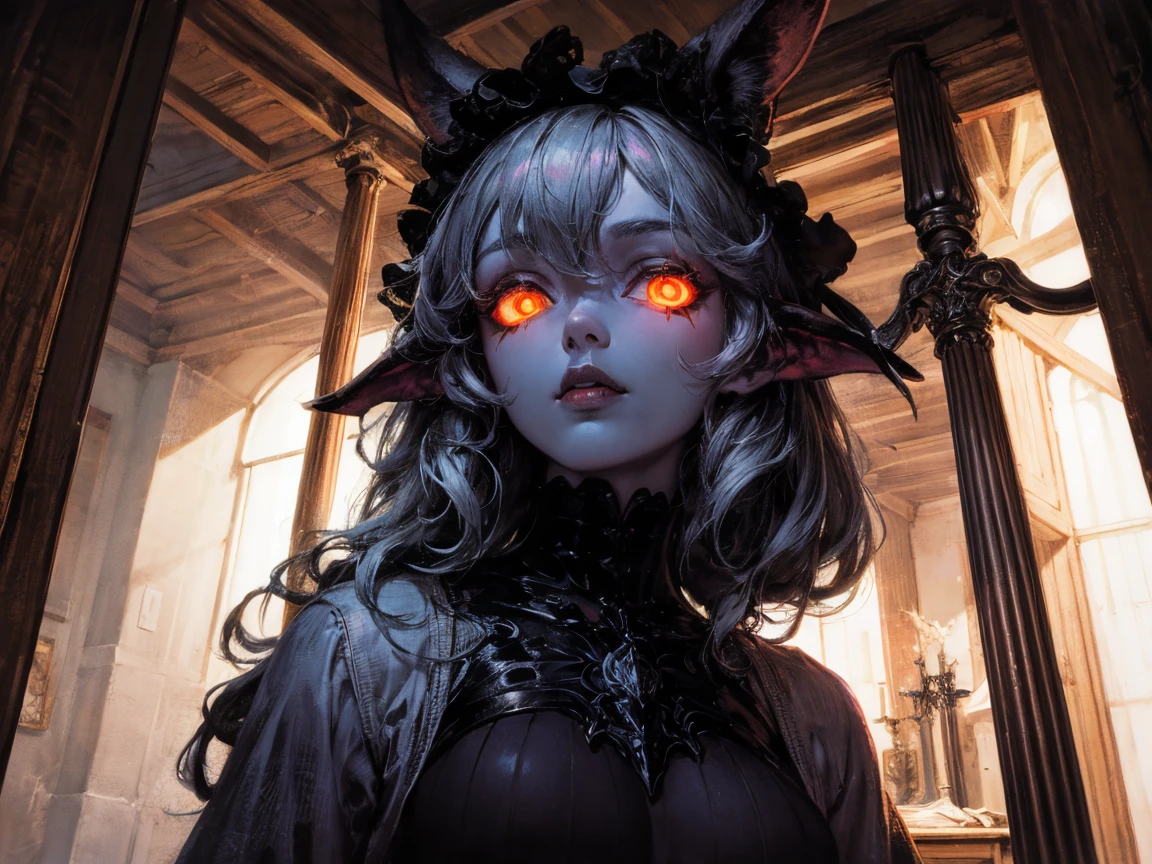 (best lighting) (best quality, masterpiece:1.2), (absurdres), 4k, (detailed eyes), (detailed face), ethereal , demonic woman with ((pale blue skin)) and ((glowing orange eyes)) wearing medieval armour and bodysuit. She has long white hair and is standing in front of a towering gothic castle, illuminated by a large moon over head, curvy, white wings and long horns, dark, moody, ((gothic)), ((dark fantasy)), medieval