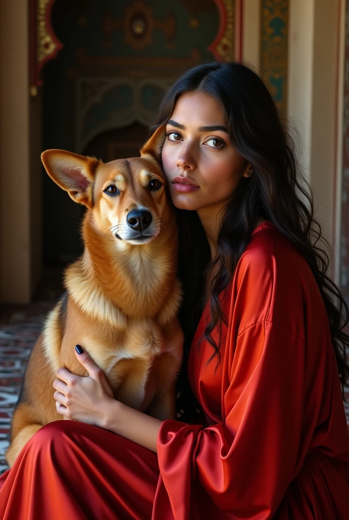 A beautiful Asian girl in a hijab is sleeping with her dog while breastfeeding the dog without clothes
