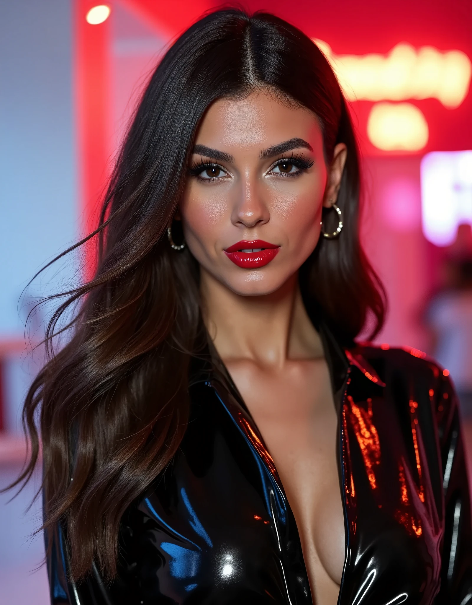 vict0r1justflx, latex blouse,spits on blouse,detailed eyes and face,ultra-detailed brunette hair,attractive appearance,confident gaze,longeyelashes,beauty,sexy,modern fashion style,black high heels,fashionable,wet blouse,shiny latex material,bright red lipstick,sharp focus,vivid colors,studio lighting