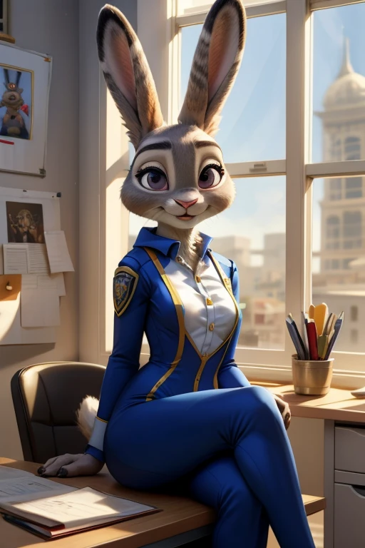  There is a woman wearing a rabbit mask sitting at her desk,  Professional Cosplay ,  Judy Hopps from Zootopia , Real cosplay , As an Overwatch character,  acting as Overwatch character , Portrait masterpiece ,  , Zootopia style ,  cartoon rabbit portrait , Arab girl with rabbit ears , Professional plush painting, Animal Friends Anime, Wear a bunny suit, Lola Rabbit Fan Art