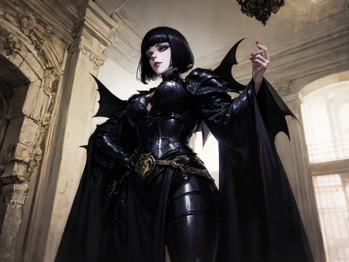 (best lighting) (best quality, masterpiece:1.2), (absurdres), 4k, (detailed eyes), (detailed face), ethereal demonic woman wearing medieval armour and bodysuit with short black hair, blunt cut bangs and ((pale white skin)). Large bat wings. Curvy. She's standing in front of an old gothic castle illuminated by a large moon over head, ((black armour)), dark, moody, ((gothic)), ((dark fantasy)), medieval