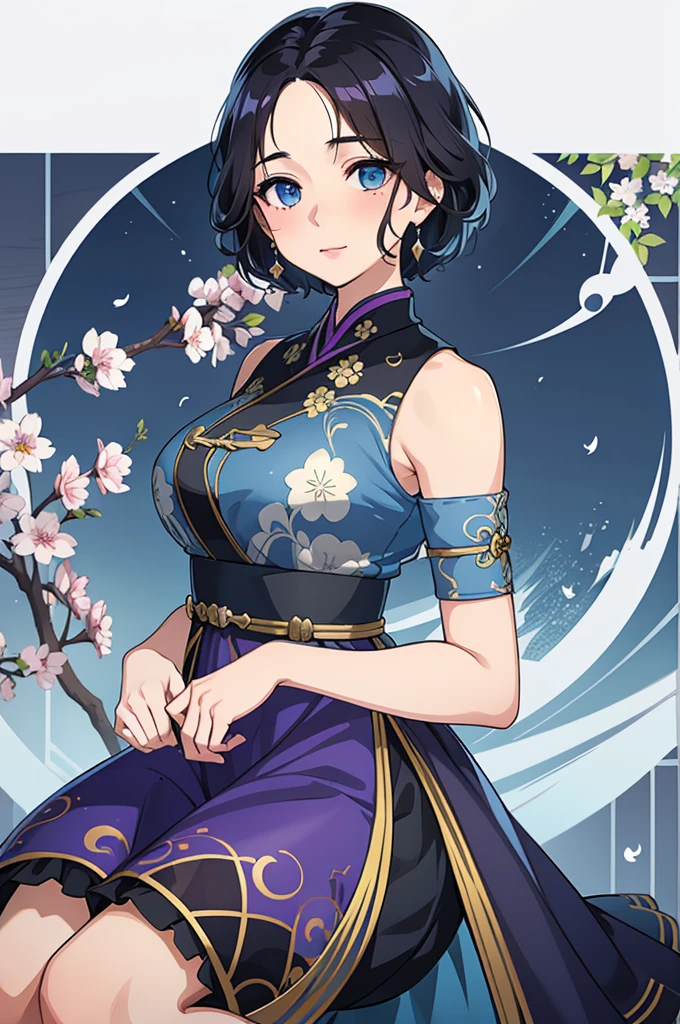 (high-quality, breathtaking),(expressive eyes, perfect face) 1female, girl , solo, teenager, asian woman hairstyle, short hair length, soft wave, black hair color, Heterochromia left eye blue and right eye purple, white and black dress, shawl, patterned clothes, blue and purple background, music, gentle smile, swirls in background, music notes background, beautiful background, symmetrical eyes, Qing Dynasty Costumes, hairpin
