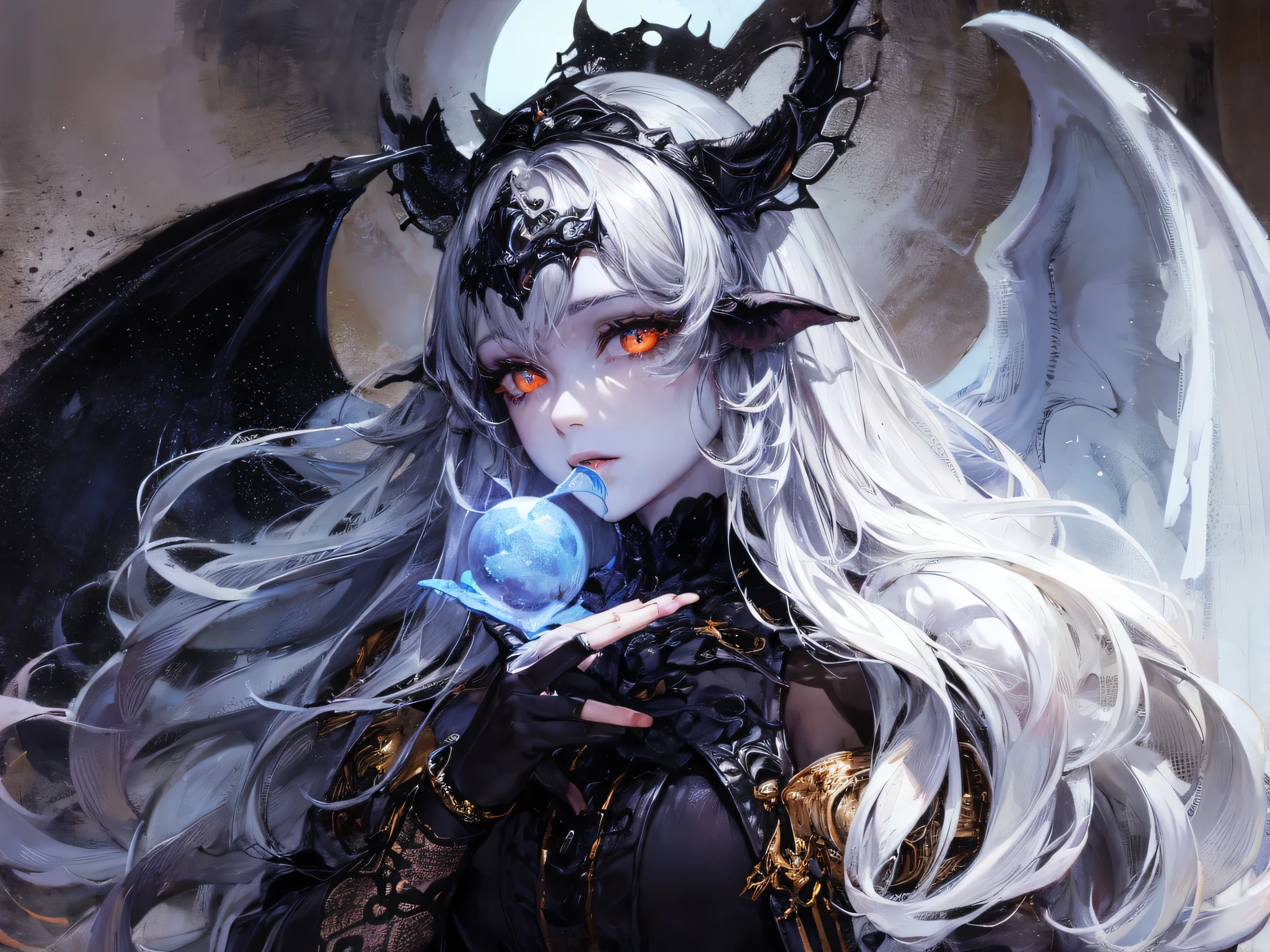 (best lighting) (best quality, masterpiece:1.2), (absurdres), 4k, (detailed eyes), (detailed face), ethereal , demonic woman with ((pale blue skin)) and ((glowing orange eyes)) wearing medieval armour and bodysuit. She has long white hair and is standing in front of a towering gothic castle, illuminated by a large moon over head, curvy, white wings and long horns, dark, moody, ((gothic)), ((dark fantasy)), medieval