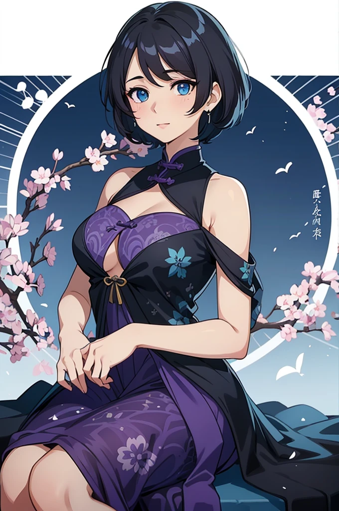 (high-quality, breathtaking),(expressive eyes, perfect face) 1female, girl , solo, teenager, asian woman hairstyle, short hair length, soft wave, black hair color, Heterochromia left eye blue and right eye purple, white and black dress, shawl, patterned clothes, blue and purple background, music, gentle smile, swirls in background, music notes background, beautiful background, symmetrical eyes, Qing Dynasty Costumes, hairpin
