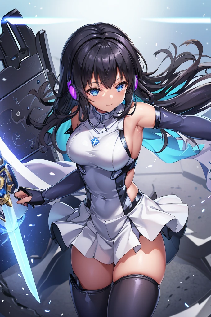 smile、smile、mecha wing、Thighs、tights、chest、Shiny black hair、 1 girl、 solo girl 、 headphones、idol dress、 I have a sword、 has a shield、mecha girl、 light blue miniskirt、I have a white armor 