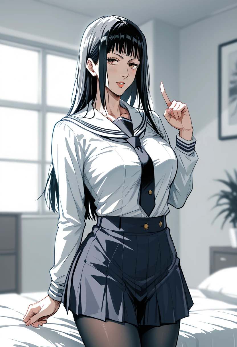 absurdres, High resolution, Super detailed, (mature woman1名:1.2),huge_breasts、unity 8k wallpaper,woman, Dynamism,forward leaning posture、intricate details,she looks viewer, shirt, tie, skirt, mini skirt, parted skirt, sailor suit, school_uniform、pantyhose, Sitting on Mattress, school room 、Blurred Backgrounds, breasts、standing、((manga style , Fitgirl , Lineart , Standing , Normal pose , sensuous , Safe for work))、Having a conversation、jujutsu kaisen、Utahime, black hair, long hair,,Panel layout、1 page of the manga、hand on hip, Pointing to the audience,