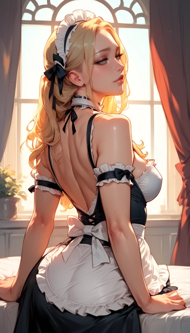 Cute girl,erotic maid uniform, shows ass, perfect body, tight ass, thong, back view, идеально shows ass, full length, sexy pose, no bra, costs cancer, back view, turned around, Hand on the back, thong