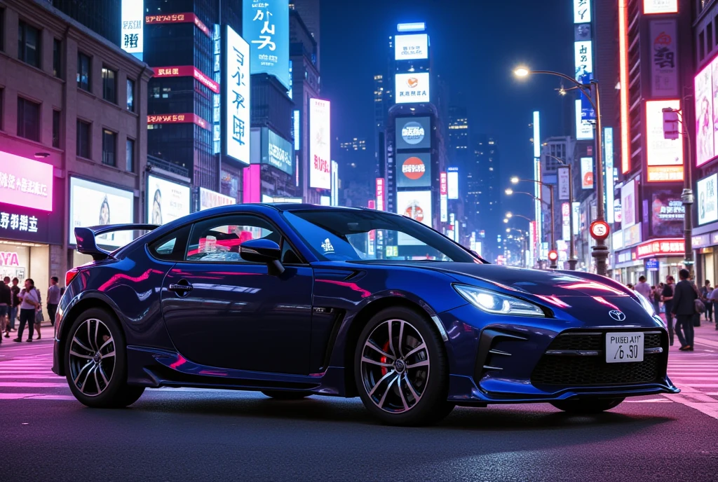 Sports car parked against a neon city background at night"GR86" ,