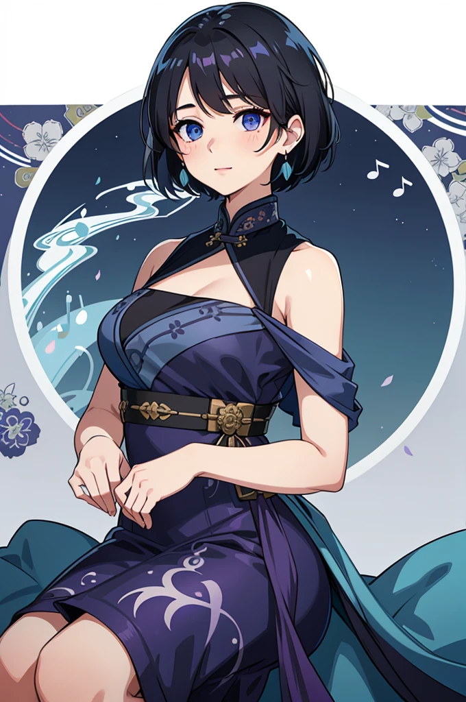 (high-quality, breathtaking),(expressive eyes, perfect face) 1female, girl , solo, teenager, asian woman hairstyle, short hair length, soft wave, black hair color, Heterochromia left eye blue and right eye purple, white and black dress, shawl, patterned clothes, blue and purple background, music, gentle smile, swirls in background, music notes background, beautiful background, symmetrical eyes, Qing Dynasty Costumes, hairpin
