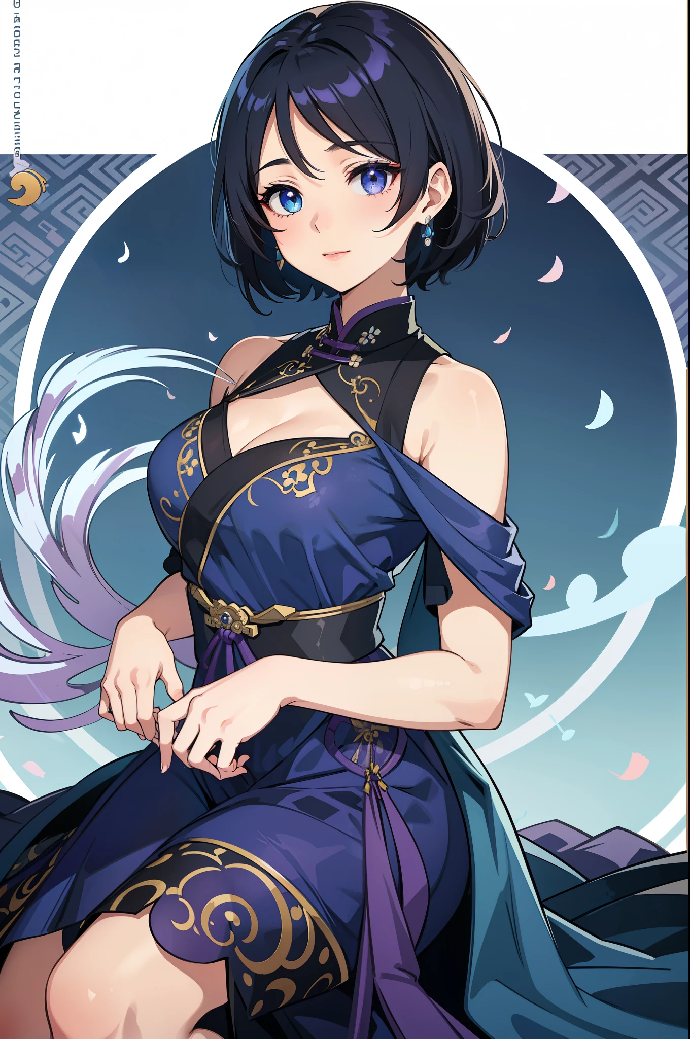 (high-quality, breathtaking),(expressive eyes, perfect face) 1female, girl , solo, teenager, asian woman hairstyle, short hair length, soft wave, black hair color, Heterochromia left eye blue and right eye purple, white and black dress, shawl, patterned clothes, blue and purple background, music, gentle smile, swirls in background, music notes background, beautiful background, symmetrical eyes, Qing Dynasty Costumes, hairpin
