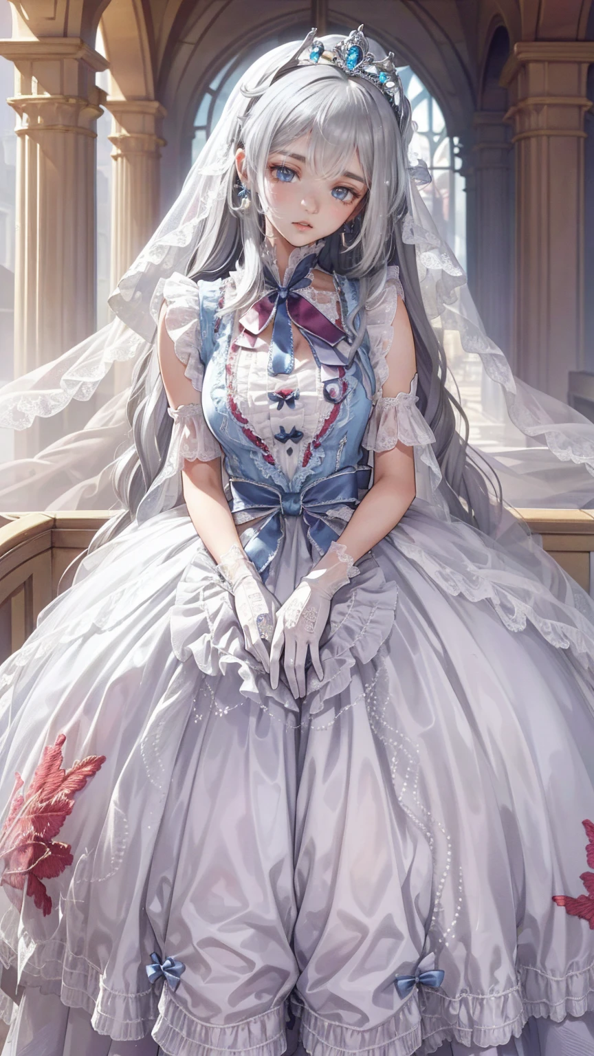 (( anime art style )),(masterpiece),(Best Quality), (Super detailed),(  Highly Detailed CG Unity 8K Wallpaper ),(( very delicate and beautiful)), Movie Lighting, 1 girl,((whole body portrait)),((Standing in the garden)),((Alone)),(((1 fairytale princess in Gorgeous embroidery and jewels extremely gorgeous rococo princess ballgown with voluminous full length hoop skirt))), narrow waist, をあしらったロイヤルドレス ,(((Huge crinoline tub skirt))),,((Gorgeous embroidery and jewels)), voluminous frills , transparent,(((Very huge , skin pattern ))), clevis,(( ridiculous length straight hair ,Extremely thick, straight, long hair, ridiculous length straight hair )),(Detailedly drawn face and eyes),(,smile),Clear pupils,  Extremely Gorgeous Full Hair Ornament  ,( Extremely Beautiful Full Tiara Embellished with Gemstones ),((Bling Bling Gems Jewelry )),Beautiful long veil,((Extra long gloves)),( Beautiful background ),(whole body),((Gorgeous embroidery and jewels extremely gorgeous rococo princess ballgown with voluminous full length hoop skirt))
