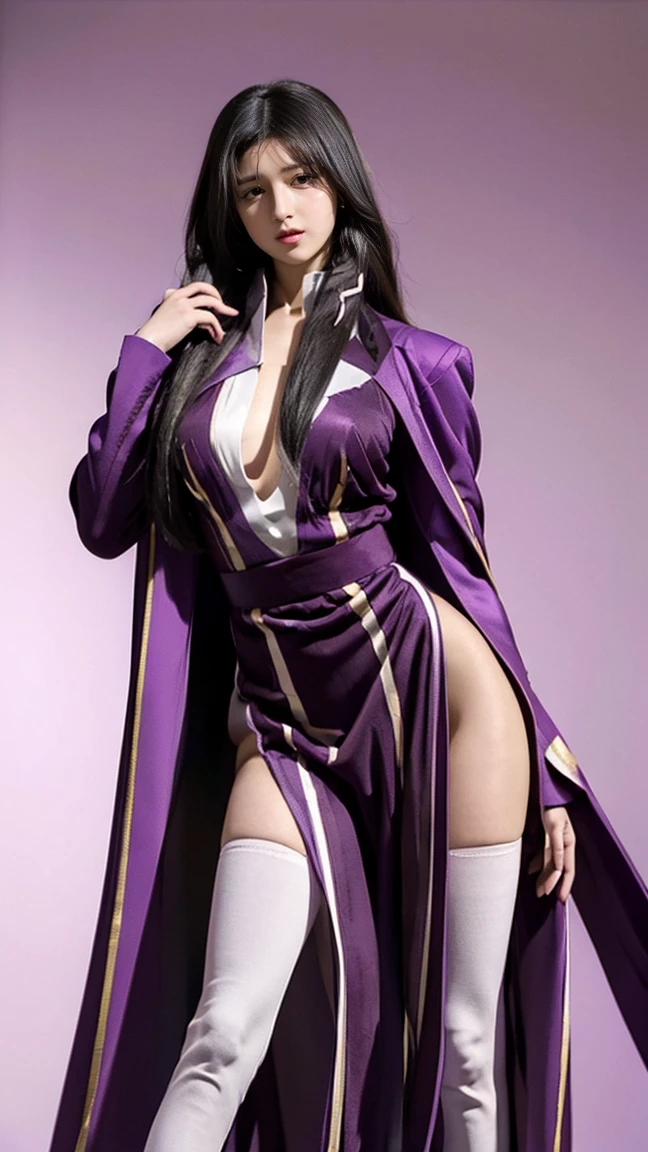 (masterpiece), best quality, expressive eyes, perfect face, solo woman, dance posing,  cold eyes, smile warm, fasalina, long purple dress, mothra, purple robe thin, front double braids, full dress, milf, Fasalina, slim body woman, long black hair, tall body,  blend yellow eye, yellow eyes, She wears a purple uniform consisting of a low-cut long sleeved robes, white thigh high boots, full body, She also wears a dark purple cloak, tight dress, married, Fasalina, purple dress, side Slit, cleavage, thighs, thighs high, Kneehighs, full body, factory background