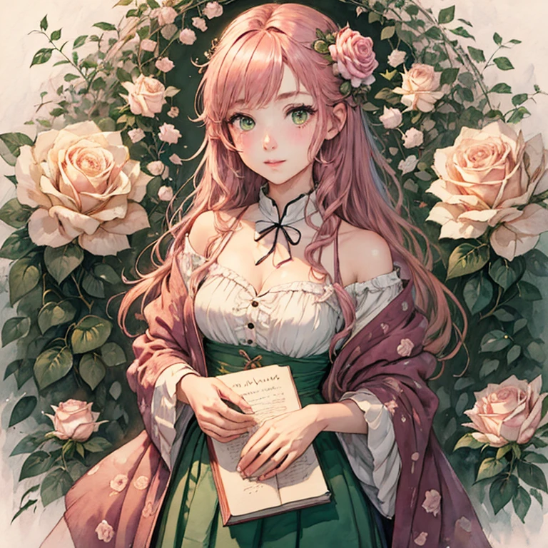 Best Quality,      1 girl,      very delicate and beautiful , young,   Brownish Pink hair  ,  Straight  　green eyes ,          Pinch Your Nose         , ( very young), ((Very beautiful)),  intellectual,           happy          ,  White Rose　books　warm　         portrait of a cute anime girl    ,          cute girl anime visual      ,  鮮明で鋭いRPGのwatercolor ,  watercolor ,     garden background        ,I have a book　        fantasy　              Light Background       　 長いhair ,        eyes and eyebrows snuggle   　White Rose Garden 前hairなし 額を出す　green eyes　hair&#39;Not tied down, hairの毛が多すぎる, Super 長いhair,    red dress manipulating straight hair　European Castles　前hair無しのスーパーロングヘア　One length　medieval Italy 　 old European dress 　前hair無し　 straight hair