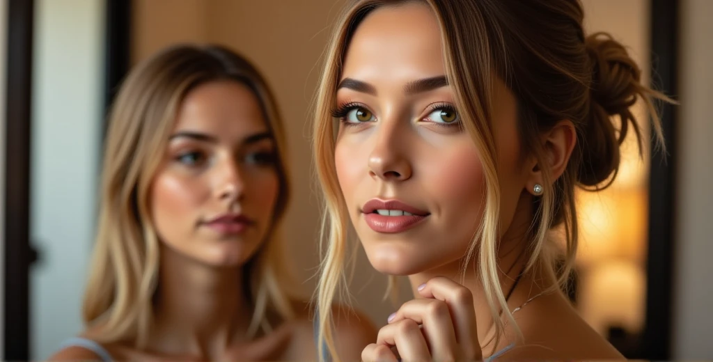 A flashback scene of a woman with long, chestnut brown hair highlighted with blonde, standing in front of a mirror in a warmly lit room. She looks at her reflection with a gentle, self-assured smile, her eyes expressive and lively. Her hair, styled in a loose, soft bun, frames her face with delicate strands, while subtle freckles across her nose add a unique touch to her appearance. She’s dressed simply but elegantly, and her relaxed posture exudes quiet confidence and contentment. The warm lighting bathes her in a soft glow, creating an atmosphere of peace and self-acceptance, contrasting with her current state. The scene feels nostalgic, capturing a happier, more serene version of herself. ((anti)), Nexia