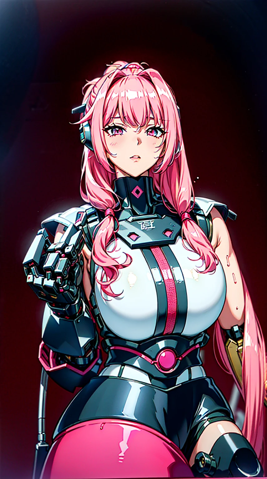 textured skin, Super detailed, Best Quality,  High Resolution , superdetail, high quality,  BEST QUALITY ,  High Resolution ，a female robot， Beautiful Female Robot (The thick mechanical裝甲，single ponytail,pink hair), Beautiful Clear Face (Rain Wave_haneame：1.5)，mechanical女忍者，mechanical科技緊身衣， Black Tech Clothes Style(Japanese，mechanical，The thick )，Ninja Robot Armor ，Technology Antenna in Both Ears