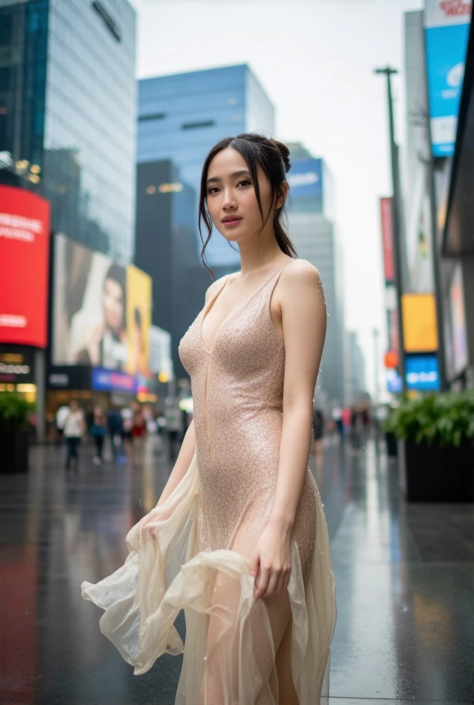 A stunning Asian woman, diaphanous flare dress billowing behind her, stands out amidst rain-soaked city streets on a drizzly day. Her slender figure is partially concealed by the flowing fabric as she navigates through the crowded pavement. Raindrops glisten on her hair, and her wet clothes cling to her physique in a tantalizing display of vulnerability. The urban landscape provides a stark backdrop for this vision of beauty and serenity: sleek skyscrapers rise above her, their reflective surfaces mirroring the rain-kissed pavement, while neon signs cast a warm glow across her face.