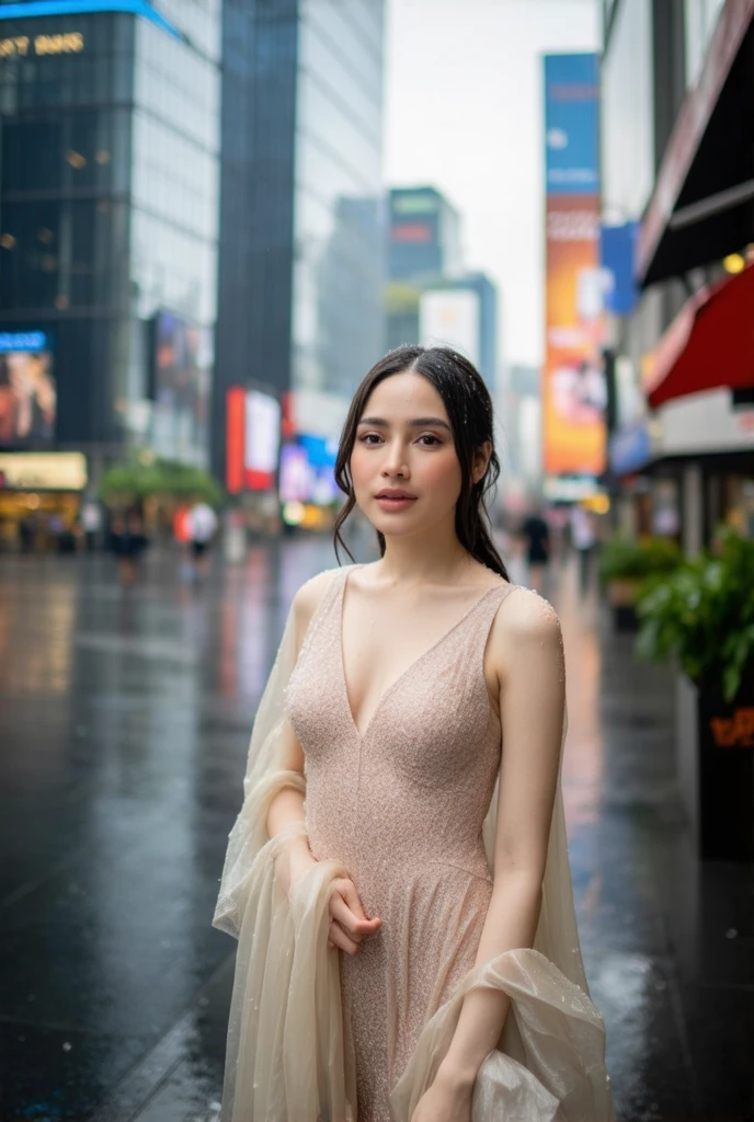 A stunning Asian woman, diaphanous flare dress billowing behind her, stands out amidst rain-soaked city streets on a drizzly day. Her slender figure is partially concealed by the flowing fabric as she navigates through the crowded pavement. Raindrops glisten on her hair, and her wet clothes cling to her physique in a tantalizing display of vulnerability. The urban landscape provides a stark backdrop for this vision of beauty and serenity: sleek skyscrapers rise above her, their reflective surfaces mirroring the rain-kissed pavement, while neon signs cast a warm glow across her face.