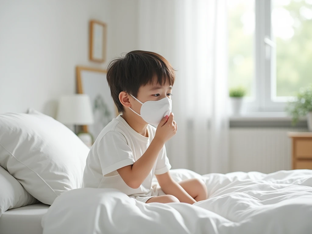 A handsome boy with an infectious disease who looks like he is suffering from a disease, wearing a white mask, having a high fever, sleeping, coughing